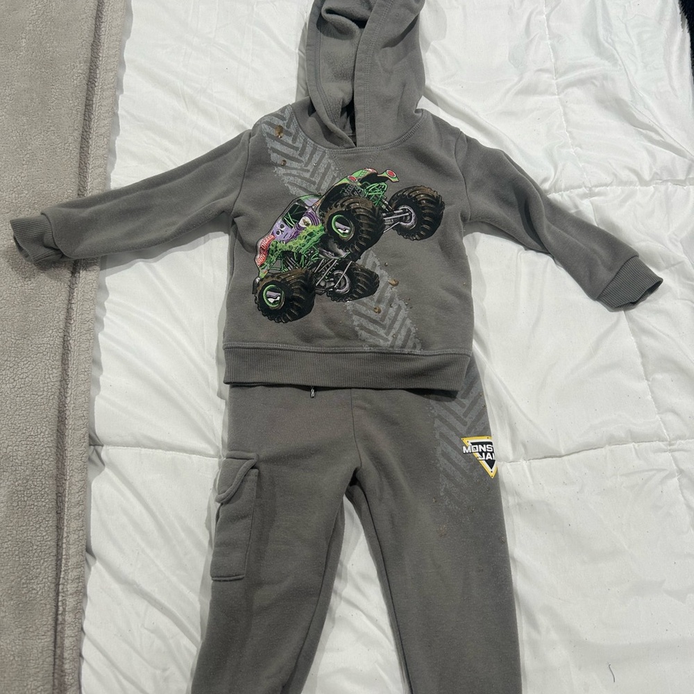 Gray Kids Matching Set with Monster Truck Design